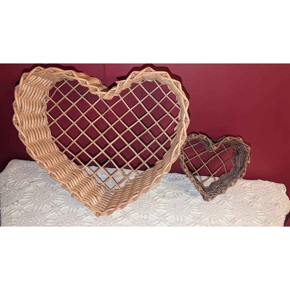 Vintage Lot 14" 7" Wooden Twig Vine Rustic Heart Shaped Basket Cottagecore Decor